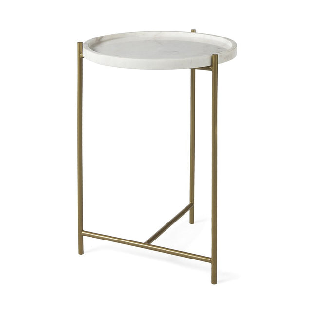 23" White and Gold Marble and Iron Round End Table