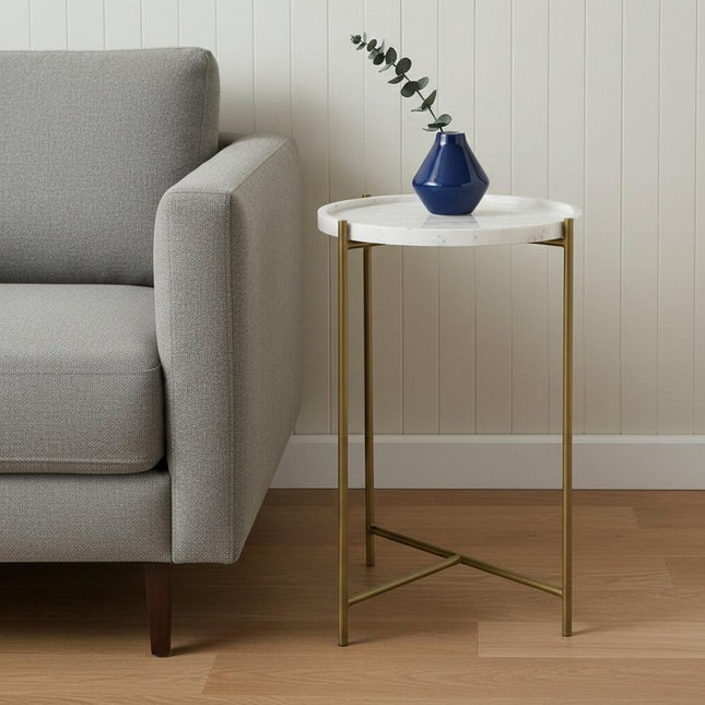 23" White and Gold Marble and Iron Round End Table