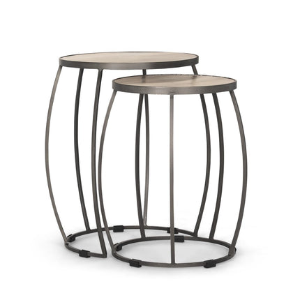 Set of Two Natural and Silver Solid Wood and Iron Round Frame Nested Tables