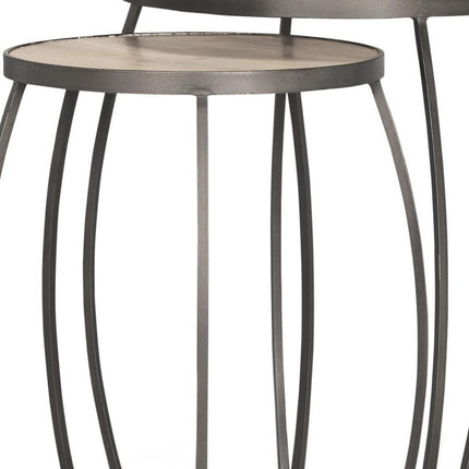 Set of Two Natural and Silver Solid Wood and Iron Round Frame Nested Tables