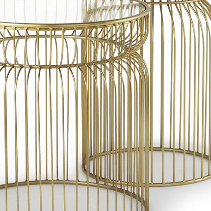 Set of Two Clear and Gold Tempered Glass and Metal Wire Round Drum End Tables