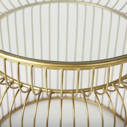 Set of Two Clear and Gold Tempered Glass and Metal Wire Round Drum End Tables