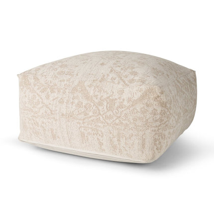 36" Beige and Cream Chenille Damask Pouf Ottoman