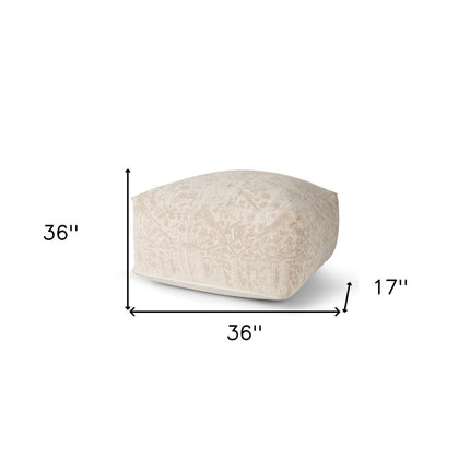 36" Beige and Cream Chenille Damask Pouf Ottoman
