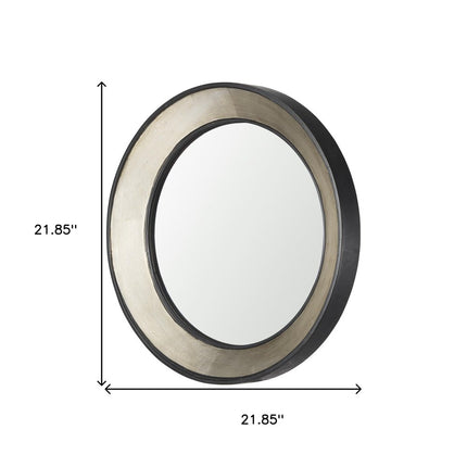 22" Champagne And Dark Brown Metal And Solid Wood Round Framed Accent Mirror