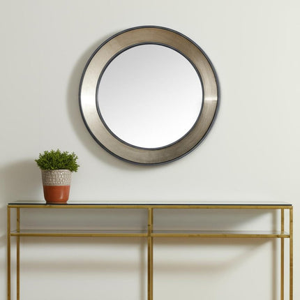 22" Champagne And Dark Brown Metal And Solid Wood Round Framed Accent Mirror