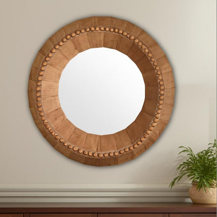 30" Brown Solid Wood Faceted And Beaded Round Framed Accent Mirror