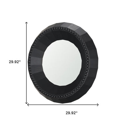 30" Black Solid Wood Faceted And Beaded Round Framed Accent Mirror