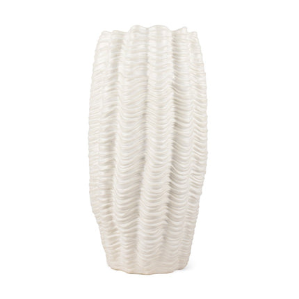 24" Cream Cylinder Ceramic Sculptural Waves Table Vase