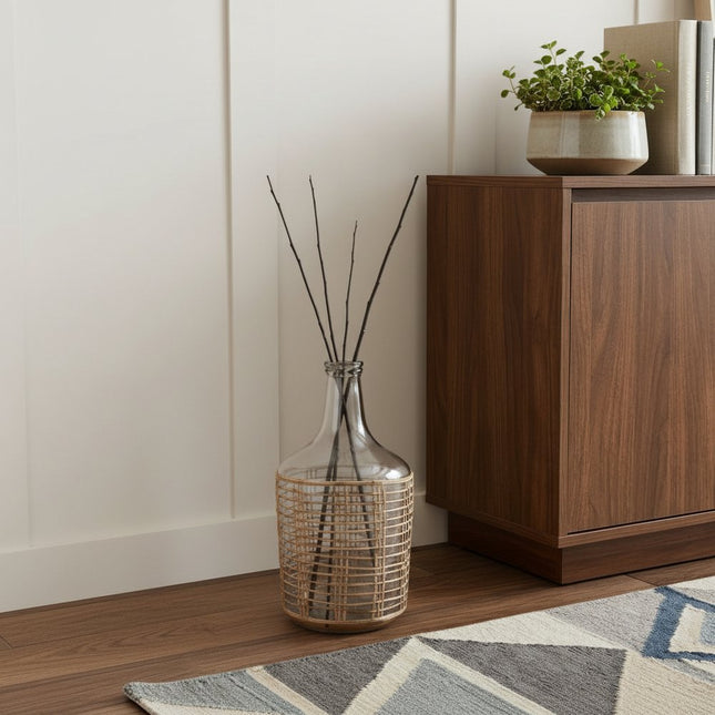 15" Clear And Natural Glass Round Floor Vase With Wrapped Rattan