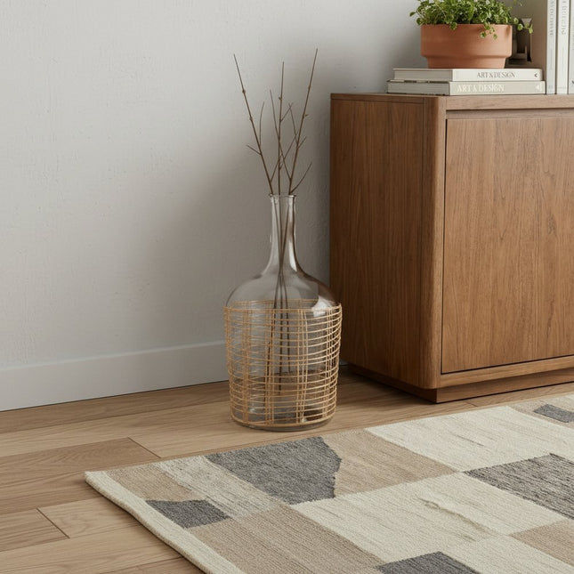 20" Clear And Natural Glass Round Floor Vase With Wrapped Rattan