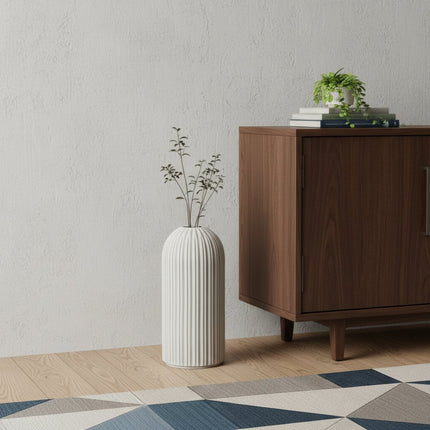 16" Gray And White Striped Ceramic Cylinder Floor Vase