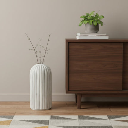 21" Gray And White Striped Ceramic Cylinder Floor Vase