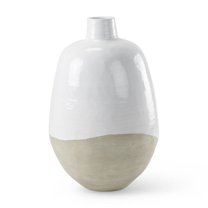 32" White And Beige Color Block Ceramic Round Floor Vase