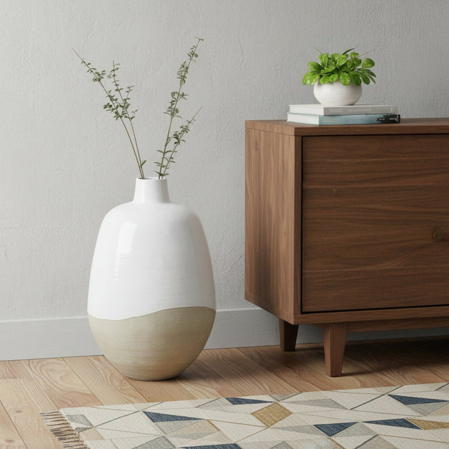 32" White And Beige Color Block Ceramic Round Floor Vase