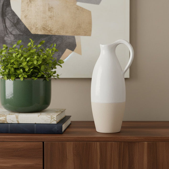 14" White And Beige Ombre Ceramic Bud Jug Vase