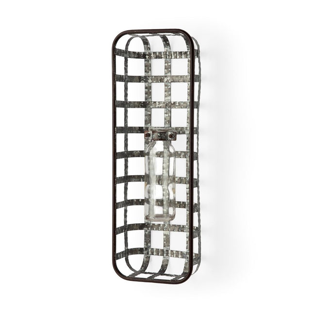 17" Black And Clear Glass Bottle And Metal Wall Vase