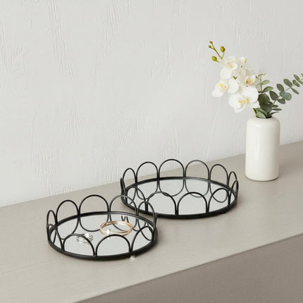 Set of Two Black And Silver Metal And Mirrored Glass Round Vanity Trays
