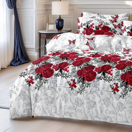 3pcs Red Small Butterfly Rose Romantic Flower Cluster Down Duvet Cover Three-Piece Set, Bedding Sets