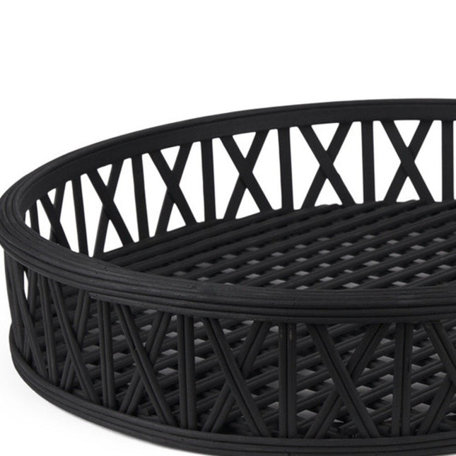 Set of Two Black Round Wicker Handmade Serving Trays