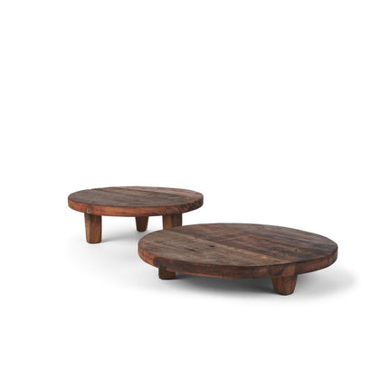 Set of Two Brown Reclaimed Wood Handmade Round Riser Trays