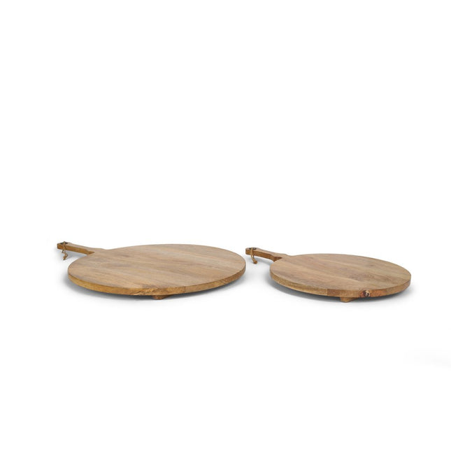 Set of Two Natural Solid Wood Handmade Round Serve Boards With Handles