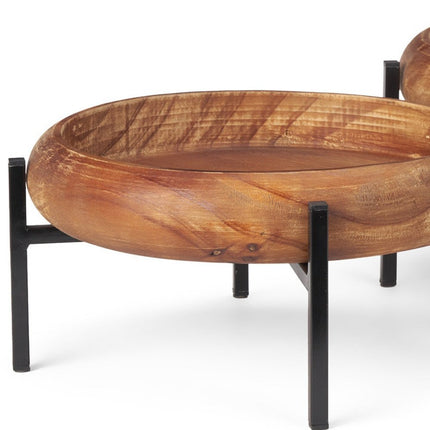 Set of Two Brown Solid Wood Handmade Round Serving Trays With Stands