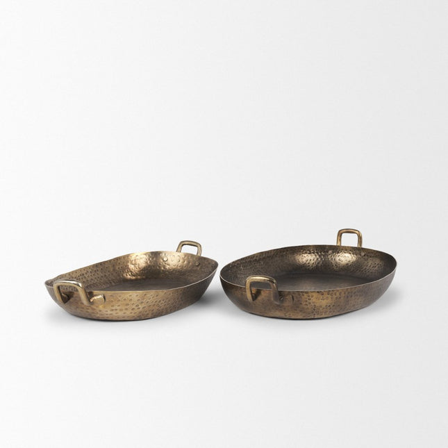 Set of Two Gold Oval Metal Handmade Serving Tray With Handles
