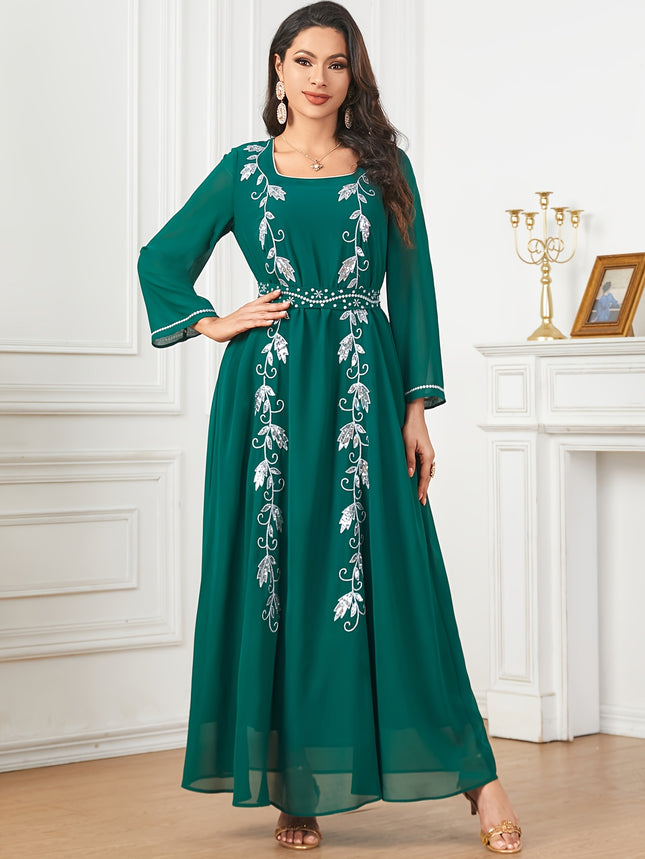 Elegant Long Sleeve Long Dress, Polyester, Solid Color, Contrast Sequin Detail, A Contour