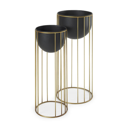 Set of Two Black Metal 20 Ounce Round Pot Planters