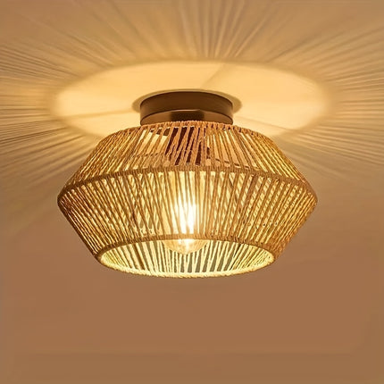 1pc Boho Rattan Ceiling Light Fixture - Farmhouse Chandelier with E27 Socket (Bulb Not Included)