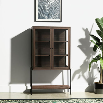36" Brown and Black Solid Wood and Metal Display Cabinet With Two Doors