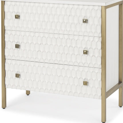 32" White and Gold Wood and Metal Carved Geometric Accent Cabinet With Three Drawers