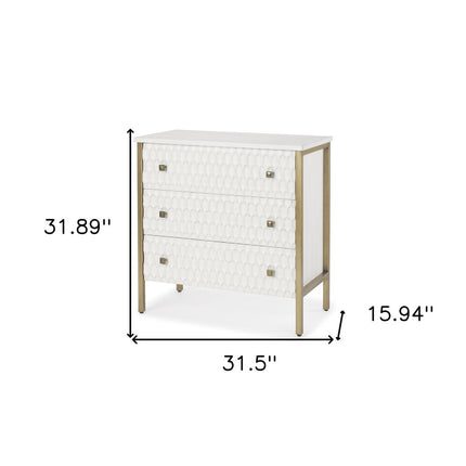 32" White and Gold Wood and Metal Carved Geometric Accent Cabinet With Three Drawers