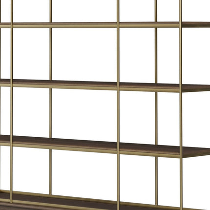82" Antiqued Brass And Brown Distressed Metal and Solid Wood Four Tier Bookcase with Four Doors