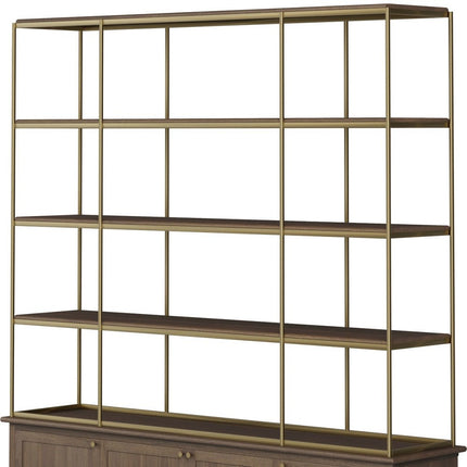 82" Antiqued Brass And Brown Distressed Metal and Solid Wood Four Tier Bookcase with Four Doors