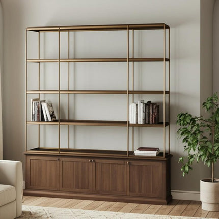 82" Antiqued Brass And Brown Distressed Metal and Solid Wood Four Tier Bookcase with Four Doors
