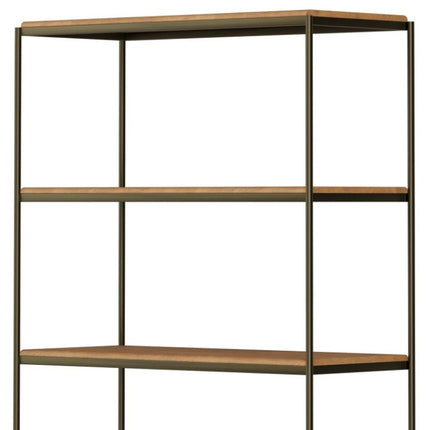 42" Antiqued Brass And Light Brown Distressed Metal and Solid Wood Four Tier Bookcase with Two Doors