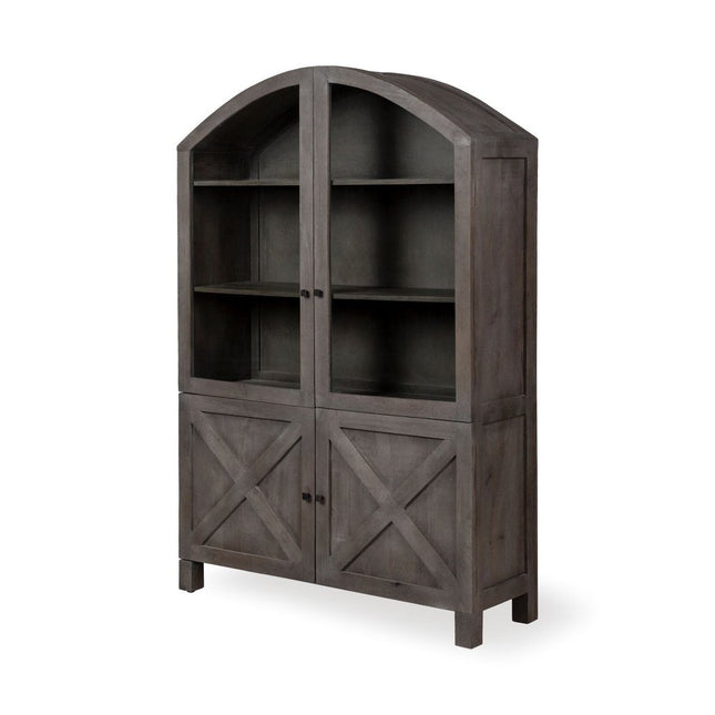 73" Gray Solid Wood Carved Geometric China Cabinet With Four Doors