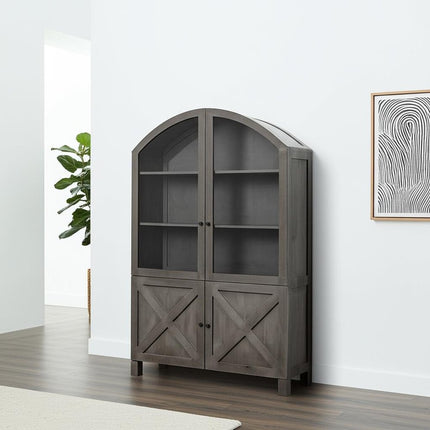 73" Gray Solid Wood Carved Geometric China Cabinet With Four Doors