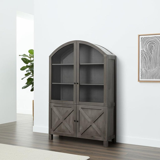 73" Gray Solid Wood Carved Geometric China Cabinet With Four Doors