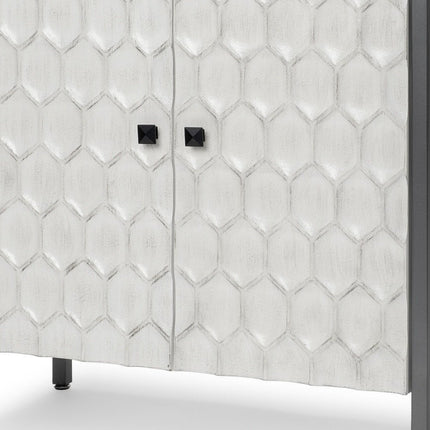 32" White and Gray Wood and Metal Carved Geometric Accent Cabinet With Two Doors