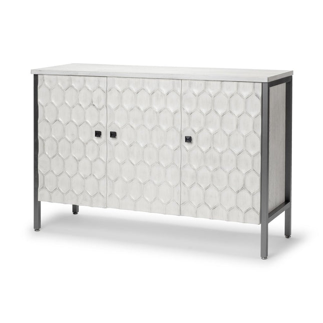 47" White and Gray Wood and Metal Carved Geometric Accent Cabinet With Three Doors