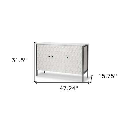 47" White and Gray Wood and Metal Carved Geometric Accent Cabinet With Three Doors