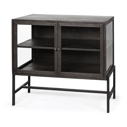 36" Brown and Black Solid Wood and Metal Display Cabinet With Two Doors
