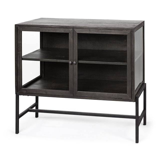 36" Brown and Black Solid Wood and Metal Display Cabinet With Two Doors