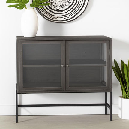 36" Brown and Black Solid Wood and Metal Display Cabinet With Two Doors
