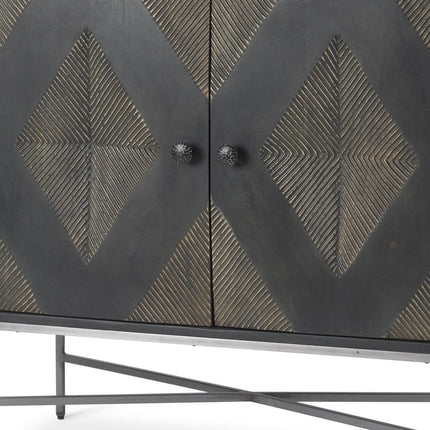 36" Dark Brown and Silver Solid Wood and Iron Carved Geometric Accent Cabinet With Two Doors