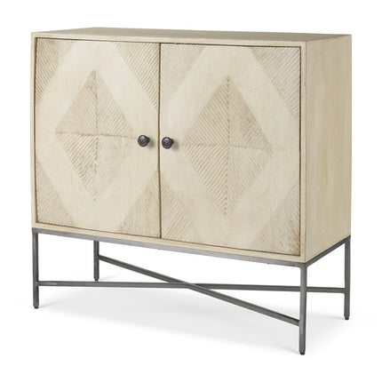 36" Cream and Gray Solid Wood and Iron Carved Geometric Accent Cabinet With Two Doors