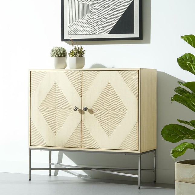 36" Cream and Gray Solid Wood and Iron Carved Geometric Accent Cabinet With Two Doors